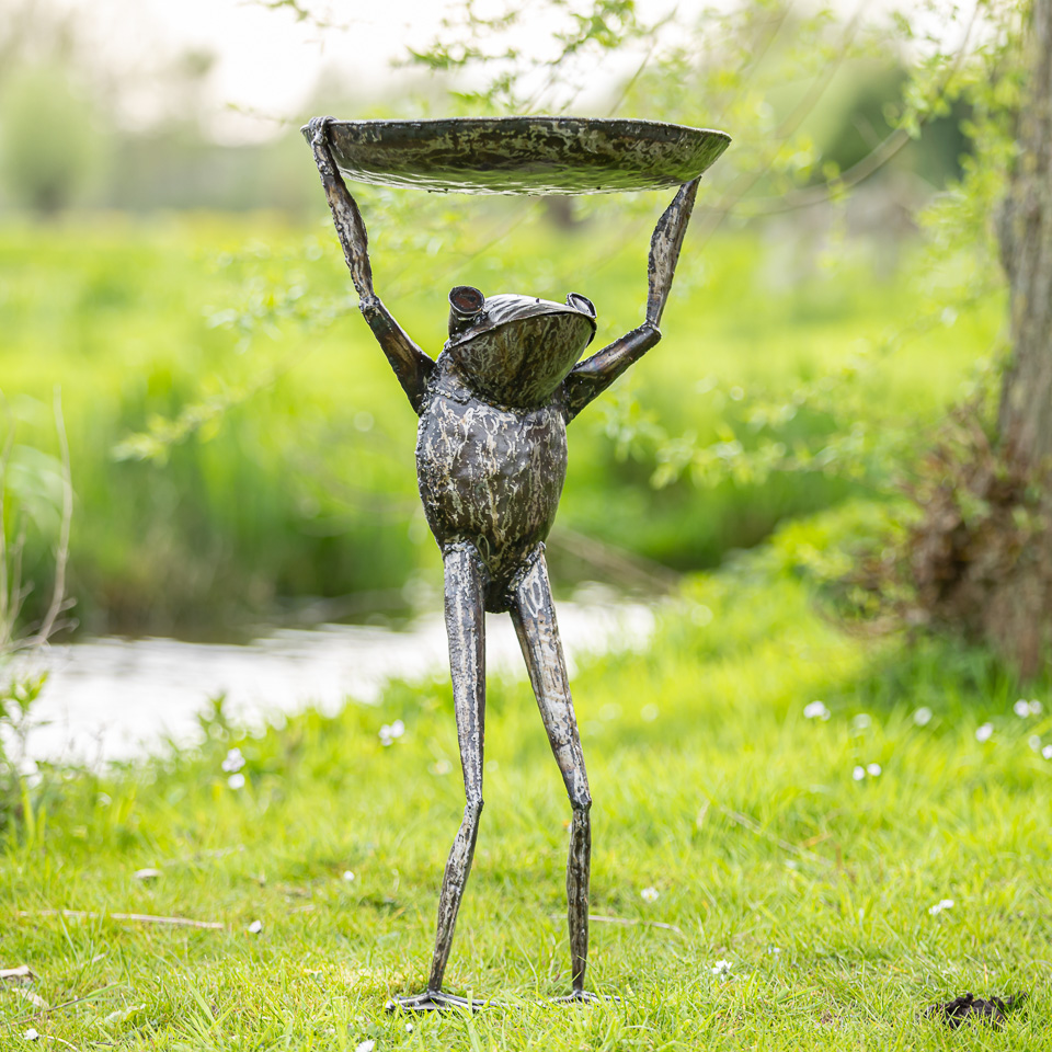 Metalen tuinbeeld van een kikker waterschaal, gemaakt door een Afrikaanse kunstenaar. Kikker waterschaal